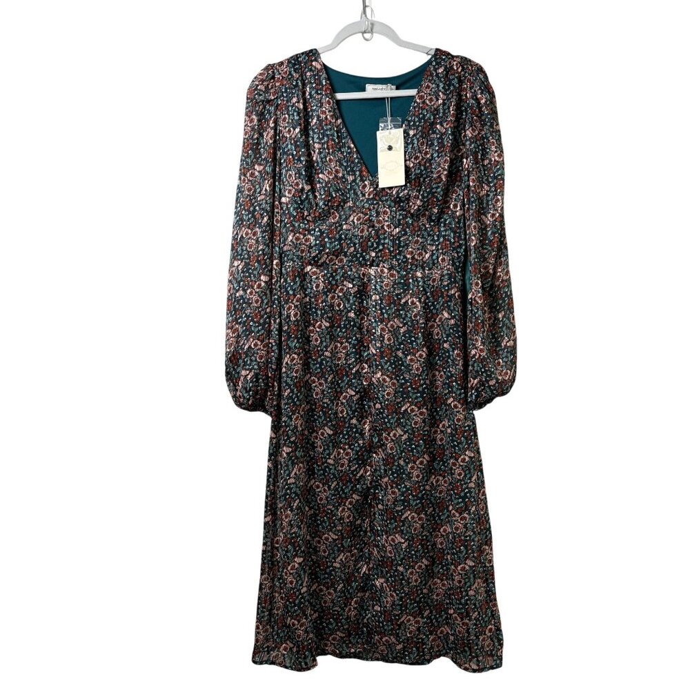 Vera & Lucy Midi Dress Womens L Blue Brown Floral V Neck Boho Gypsy NWT